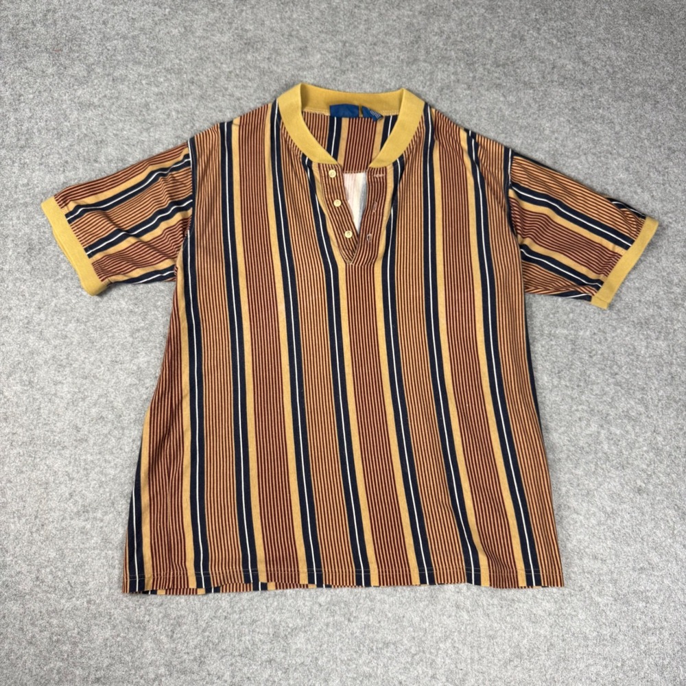 Towncraft Mens XL Striped Henley Polo Shirt Mustard Navy Burgundy 100% Cotton
